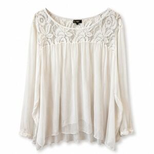 Amanti 100% Silk Lace Yoke Boho Blouse Womens 2X White Lined Made in‎ Italy